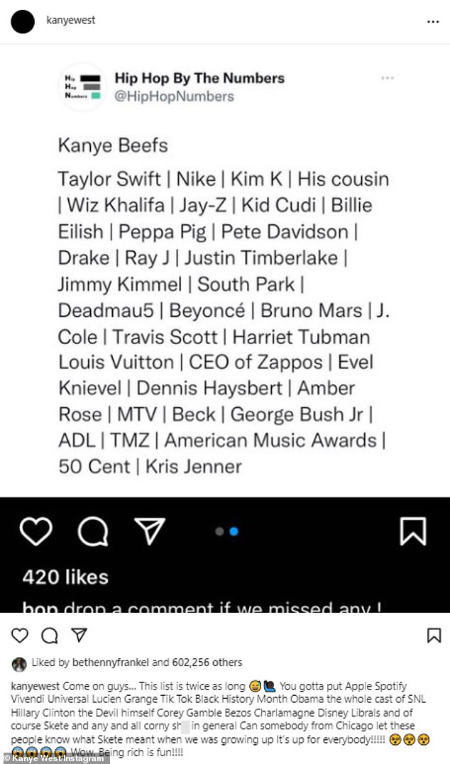 Beefs: Donda's hit maker next shared a list of all the people he had 'beef', which shockingly included American abolitionist Harriet Tubman
