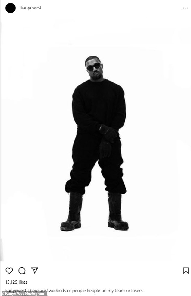 Back to post: Ye, 44, shared a black and white photo of himself on Instagram, and wrote, 