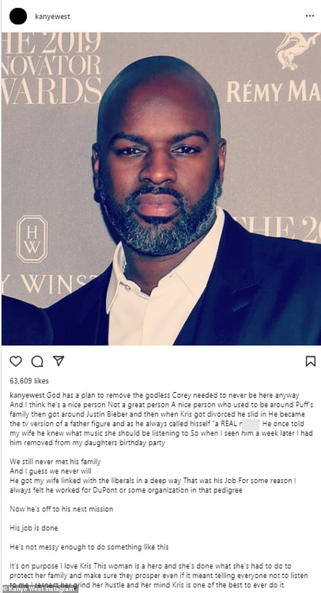 New enemy: West added Kris Jenner's boyfriend, Corey Gamble to the list, then made a separate post, calling it a 