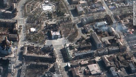 This satellite image shows a destroyed theater in Mariupol, Ukraine, which was bombed on March 16, 2022. 