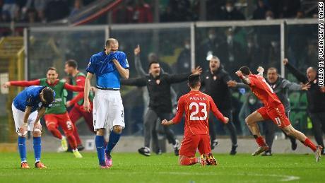 Italy's Giorgio Chiellini looks frustrated after the defeat against North Macedonia.