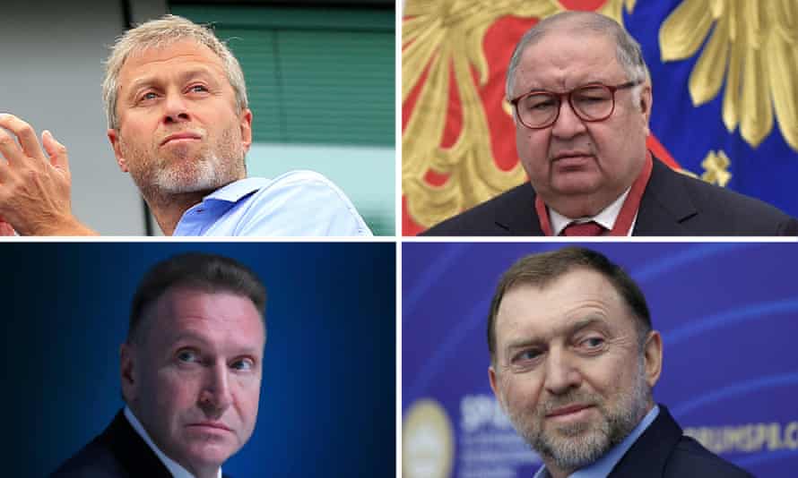 Clockwise, from left: Entrepreneurs Roman Abramovich, Alisher Usmanov, Oleg Deripaska and Igor Shuvalov all appear on Russia's Asset Tracker.