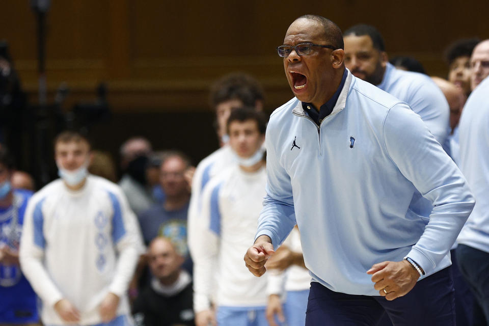 DURHAM, NC - MARCH 5: Head coach Hubert Davis of the North Carolina Tar Heels responds during the second half against the Duke Blue Devils at Cameron Indoor Stadium on March 5, 2022 in Durham, North Carolina.  (Photo by Jared C. Tilton/Getty Images)