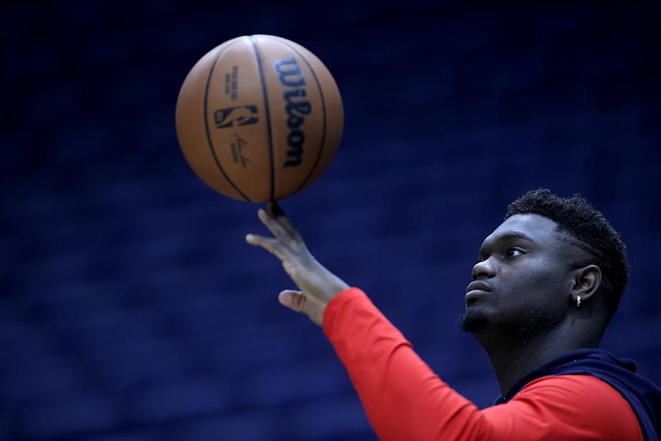 NEW ORLEANS, LA - NOVEMBER 13: Zion Williamson of the New Orleans Pelicans No. 1 stands on the field before the start of the NBA game against the Memphis Grizzlies at Smoothie King Center on November 13, 2021 in New Orleans, Louisiana.  Note to User: User expressly acknowledges and agrees, by downloading or using this image, that User agrees to the terms and conditions of the Getty Images License Agreement.  (Photo by Sean Gardner/Getty Images)