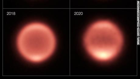 Increased brightness can be seen at the south pole of Neptune between 2018 and 2020, indicating a warming trend. 