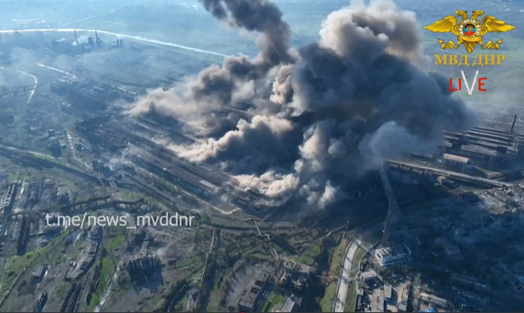 Smoke rises from Mariupol's Azovstal steel plant.