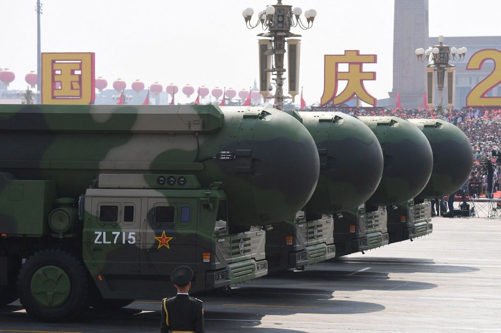 Nuclear-capable ICBMs from China are seen during a military parade at Tiananmen Square in Beijing in 2019. 