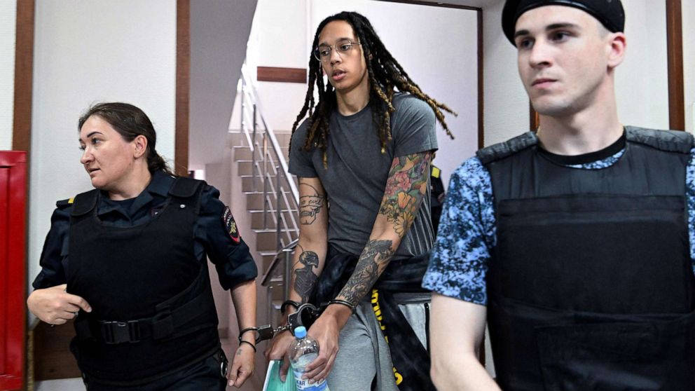 Photo: American basketball star Britney Greiner, in handcuffs, arrives for a hearing at Khimki Courthouse outside Moscow, June 27, 2022.