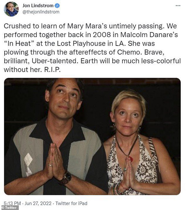 General Hospital actor John Lindstrom said he was 'crushed when he learned of Marie Mara's sudden death' along with a photo of the two of them together