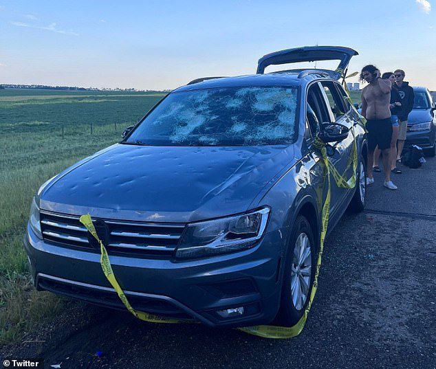 Marquez posted the fallout from the storm as the car veered off the highway.  The car was decorated with yellow warning tape and smashed windows