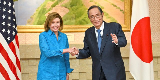 US House of Representatives Speaker Nancy Pelosi (left) shakes hands with Hiroyuki Hosoda, the speaker of Japan's House of Representatives, during a meeting in Tokyo.