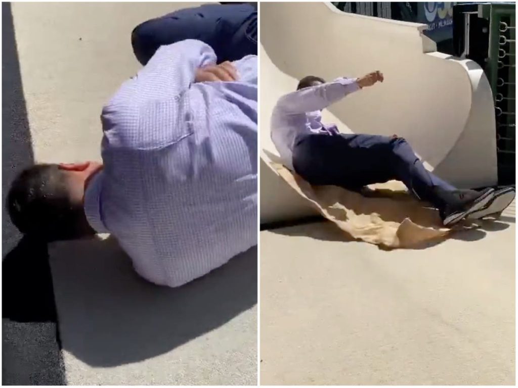 The Dodgers TV host suffers seven broken bones while going live on the Park Slide