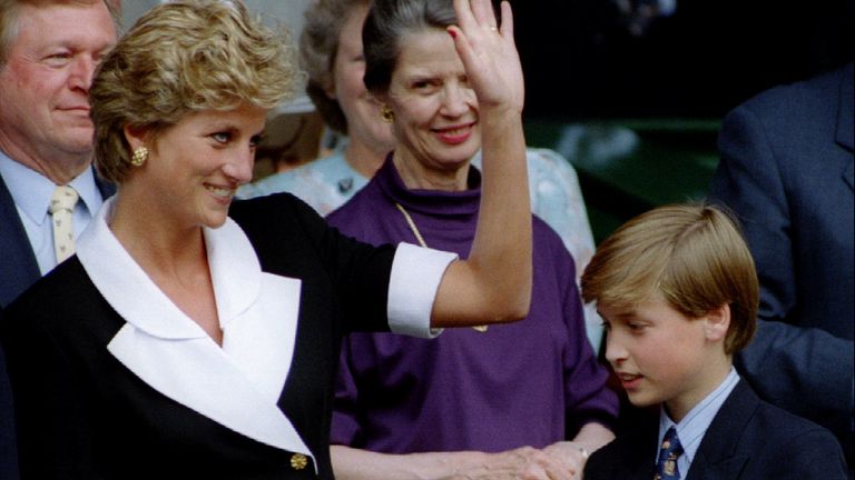 The Princess of Wales, accompanied by her son Prince William, arrives at Wimbledon Central Court before the start of the women's singles final on July 2.