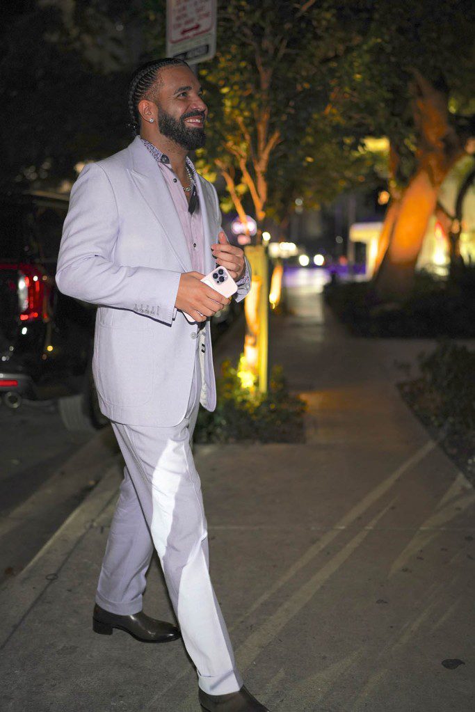 Drake, birthday party, suit, loafer shoes