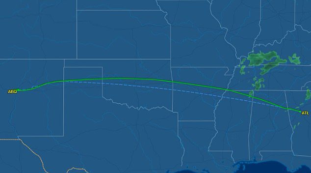 The flight path shows that the plane took off from Atlanta and landed in Albuquerque
